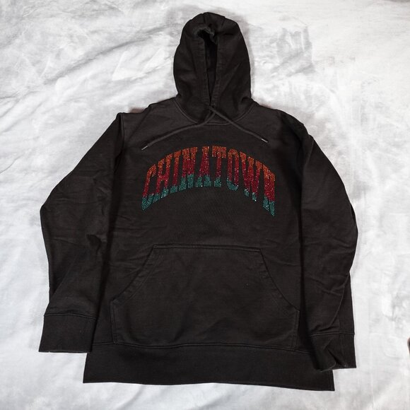 Chinatown Market Rhinestone Hoodie Mens Large Spellout Washed Black - Picture 1 of 10